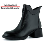 [MAX 523] Siyah Hakiki Dana Derisi Tokalı Fermuarlı Yuvarlak Burun Kalın Topuklu Günlük Bot
