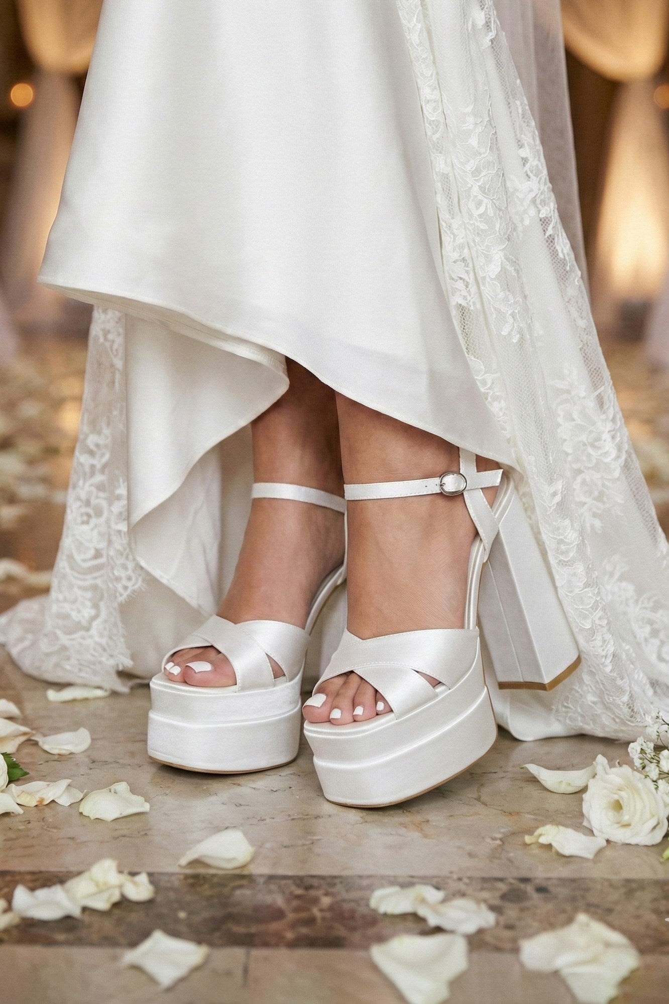 Whitney İnci Beyaz Önü Arkası Açık Çift Platformlu Bantlı Abiye Gelin Ayakkabısı