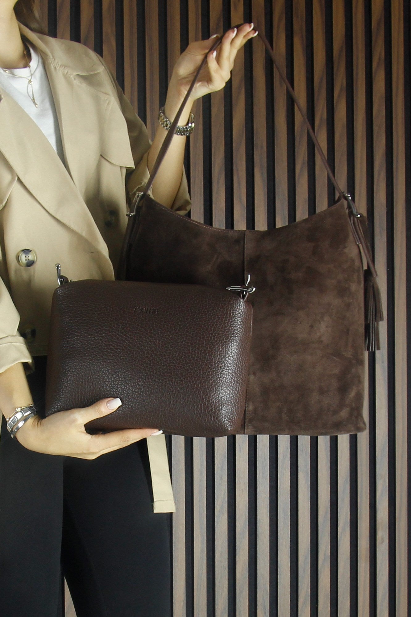 (VSN5016OC) Kahve Hakiki Dana Süet Püsküllü Manyetik Kapaklı Büyük Boy Günlük Omuz Çantası ve El Çantası