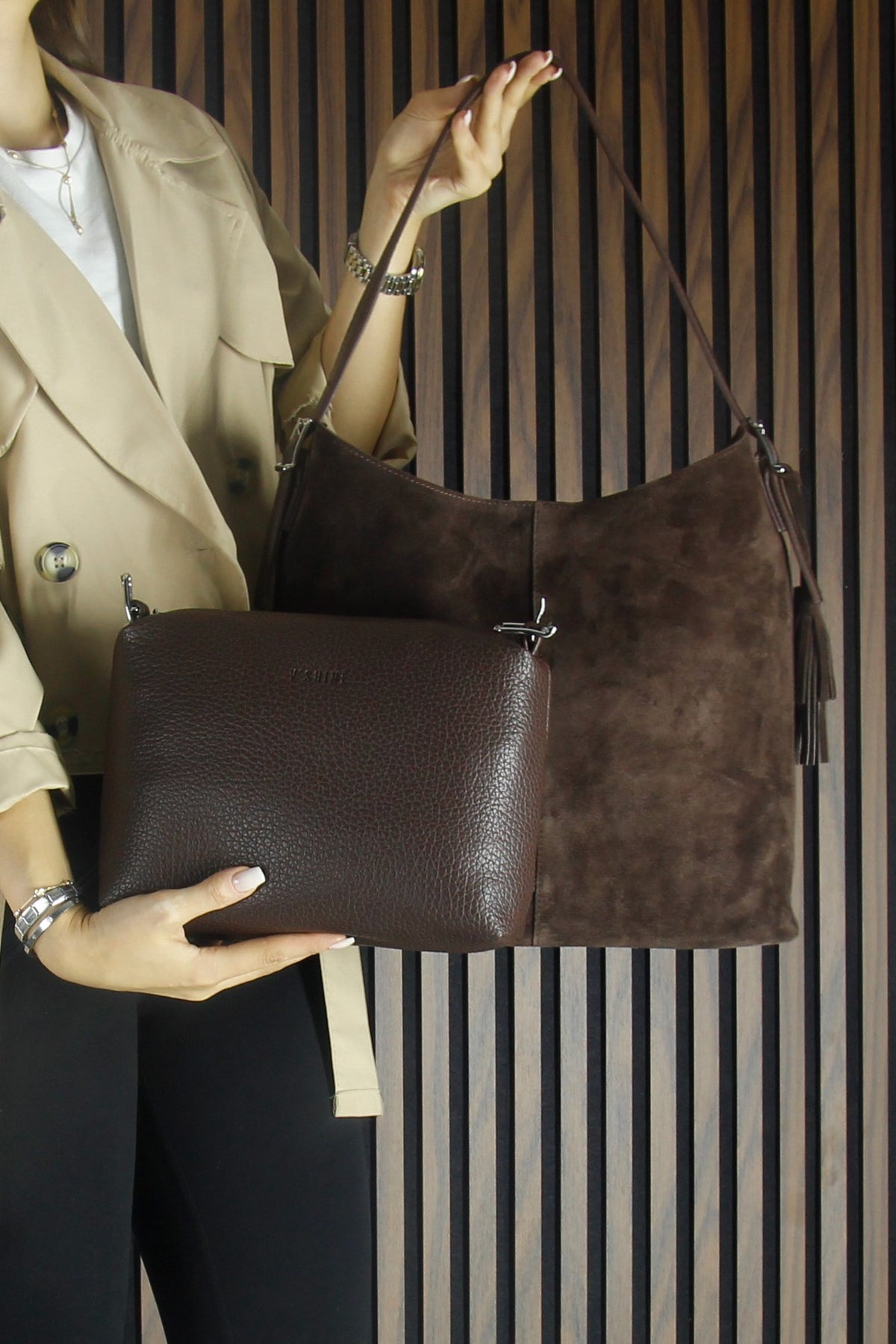 (VSN5016OC) Kahve Hakiki Dana Süet Püsküllü Manyetik Kapaklı Büyük Boy Günlük Omuz Çantası ve El Çantası