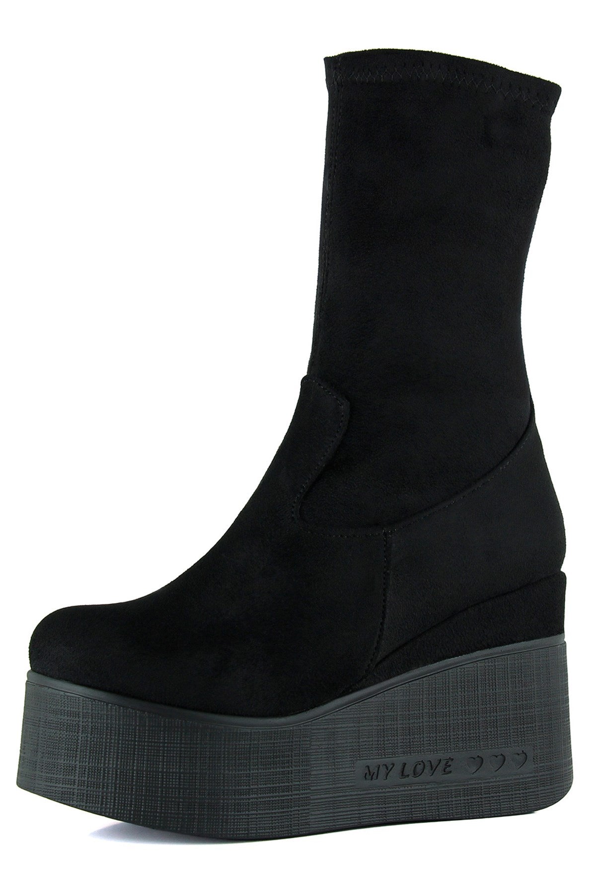 Yuki Siyah Süet Streç Kürk Astarlı Fermuarlı Yuvarlak Burun Gizli Dolgu Topuklu Bot