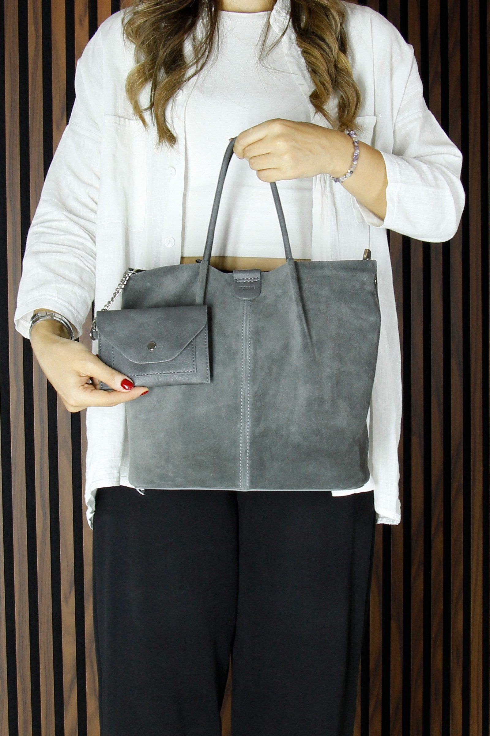 (VSN5010OC) Gri Hakiki Dana Süet Manyetik Kapaklı İç Cepli Askılı Günlük Büyük Boy Omuz Çantası ve Cüzdanı