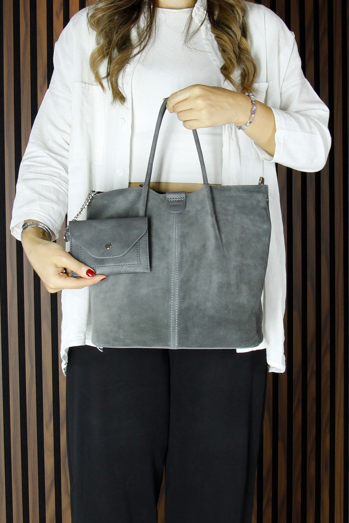 (VSN5010OC) Gri Hakiki Dana Süet Manyetik Kapaklı İç Cepli Askılı Günlük Büyük Boy Omuz Çantası ve Cüzdanı