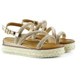 [7027] Bronz Üç Bant Taşlı İnci Detaylı Zikzak Örgülü Platform Sandalet