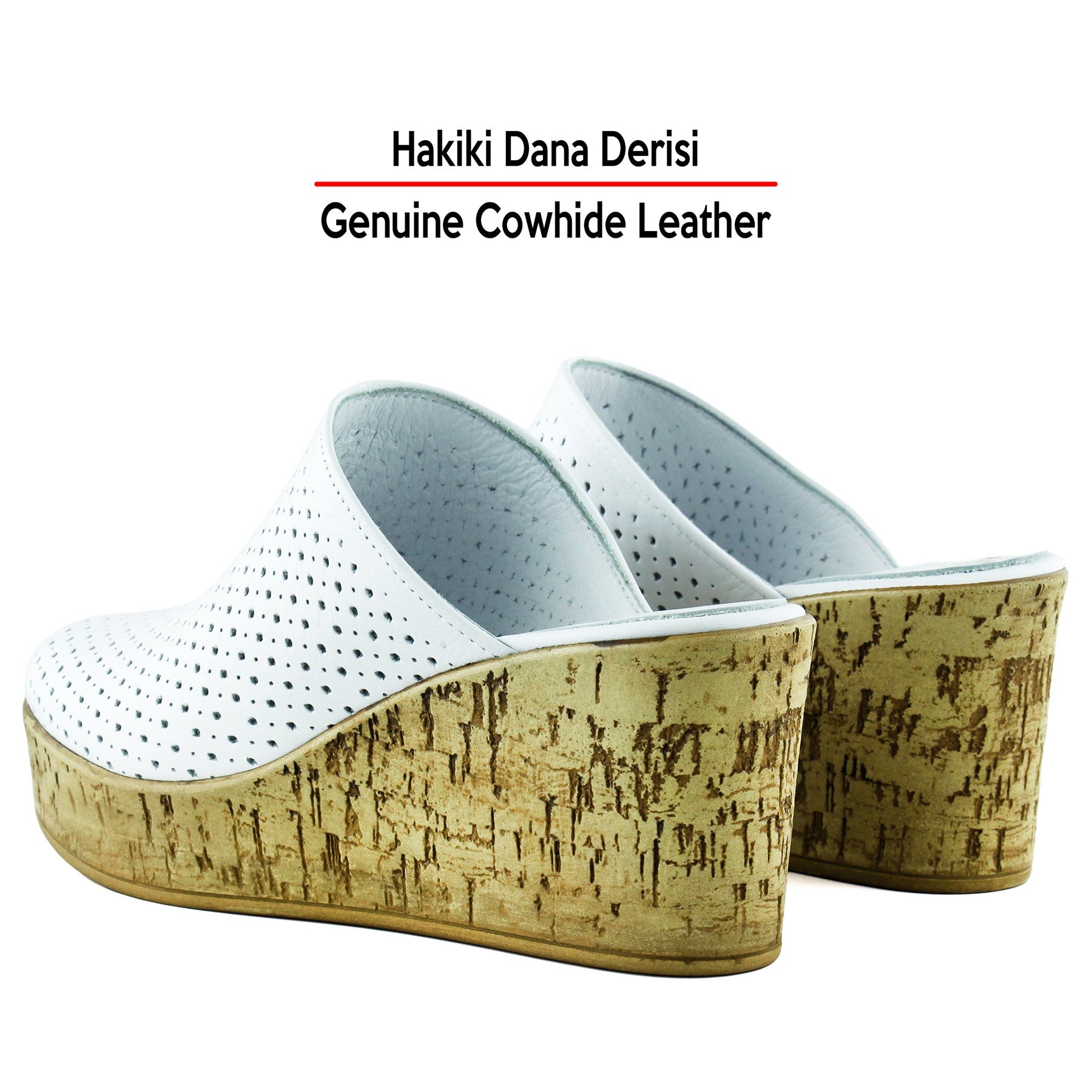 Aria Beyaz Hakiki Dana Derisi Önü Kapalı Mantar Taban Görünümlü Dolgu Topuklu Terlik