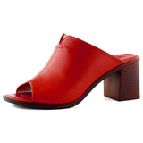 Valery Kırmızı Hakiki Dana Derisi Önü Açık Kalın Topuklu Terlik