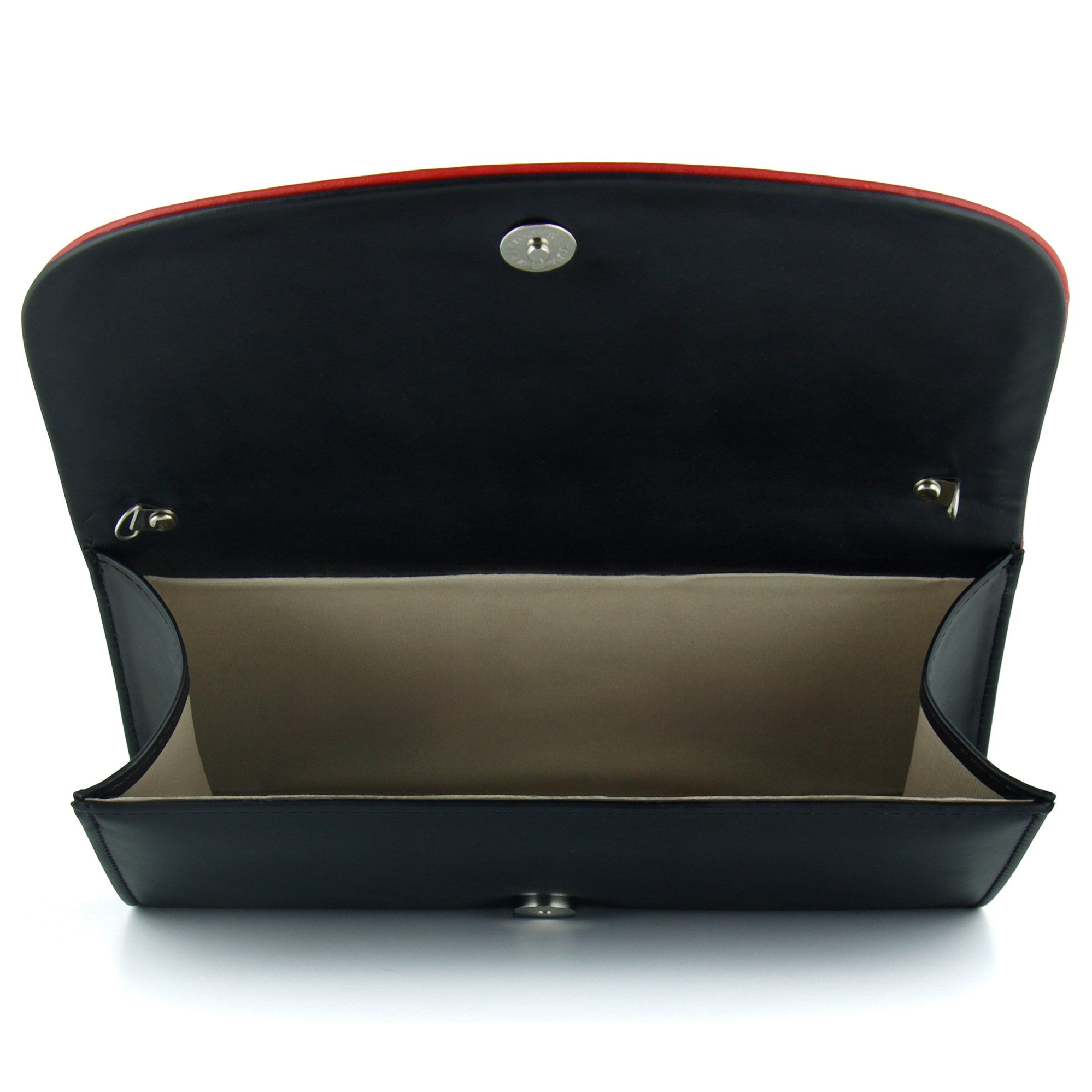 (ES0018AC) Siyah Kırmızı Vegan Zincir Askılı Manyetik Kapaklı Zarif Abiye El Çantası