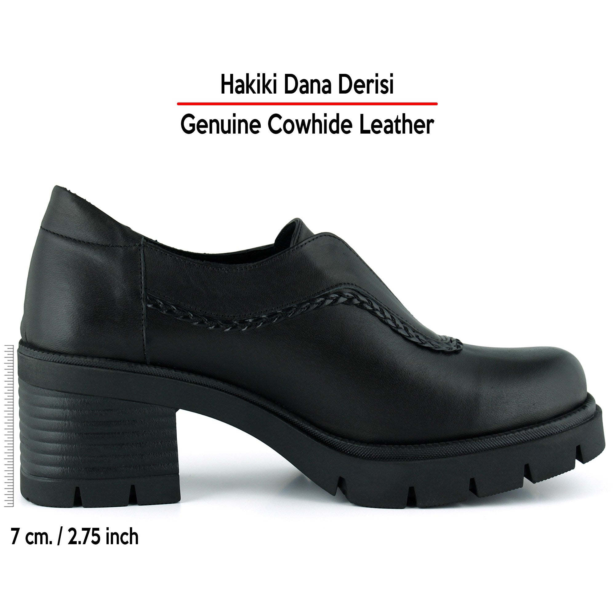 [MAX 5050] Siyah Hakiki Dana Derisi Lastikli Saç Örgü Detaylı Kalın Topuklu Günlük Loafer Ayakkabı