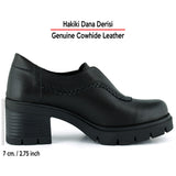[MAX 5050] Siyah Hakiki Dana Derisi Lastikli Saç Örgü Detaylı Kalın Topuklu Günlük Loafer Ayakkabı