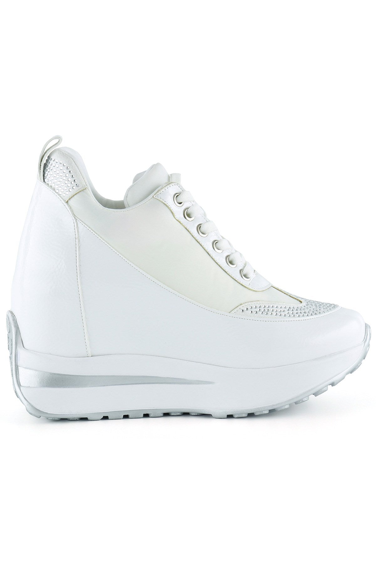 Tatyana Plus Beyaz Rugan Taşlı Bağcıklı Gizli Dolgu Topuklu Günlük Ayakkabı