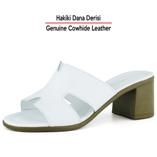 Hermine Beyaz Hakiki Dana Derisi Özel Kesim Kalın Topuklu Terlik