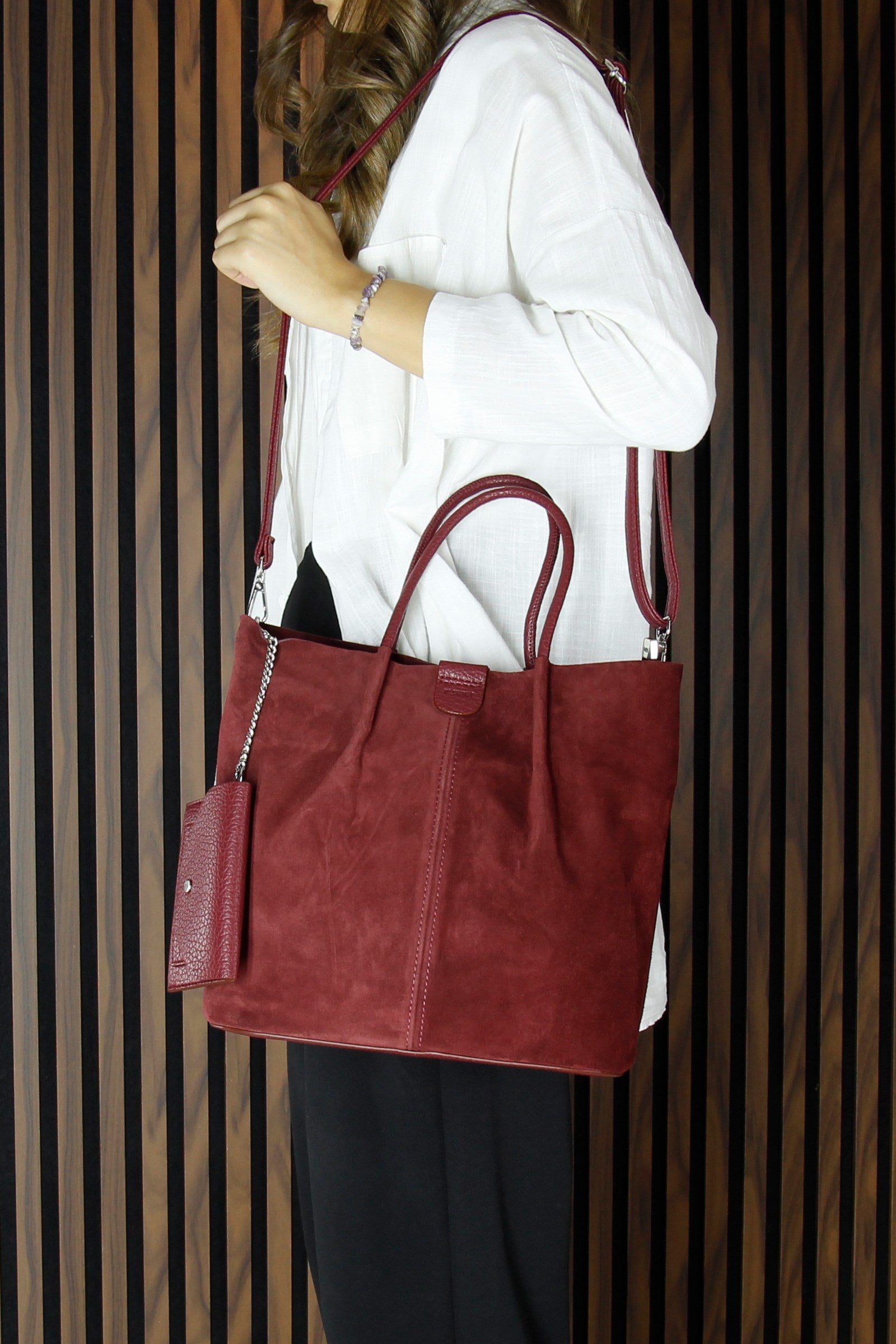 (VSN5010OC) Bordo Hakiki Dana Süet Manyetik Kapaklı İç Cepli Askılı Günlük Büyük Boy Omuz Çantası ve Cüzdanı