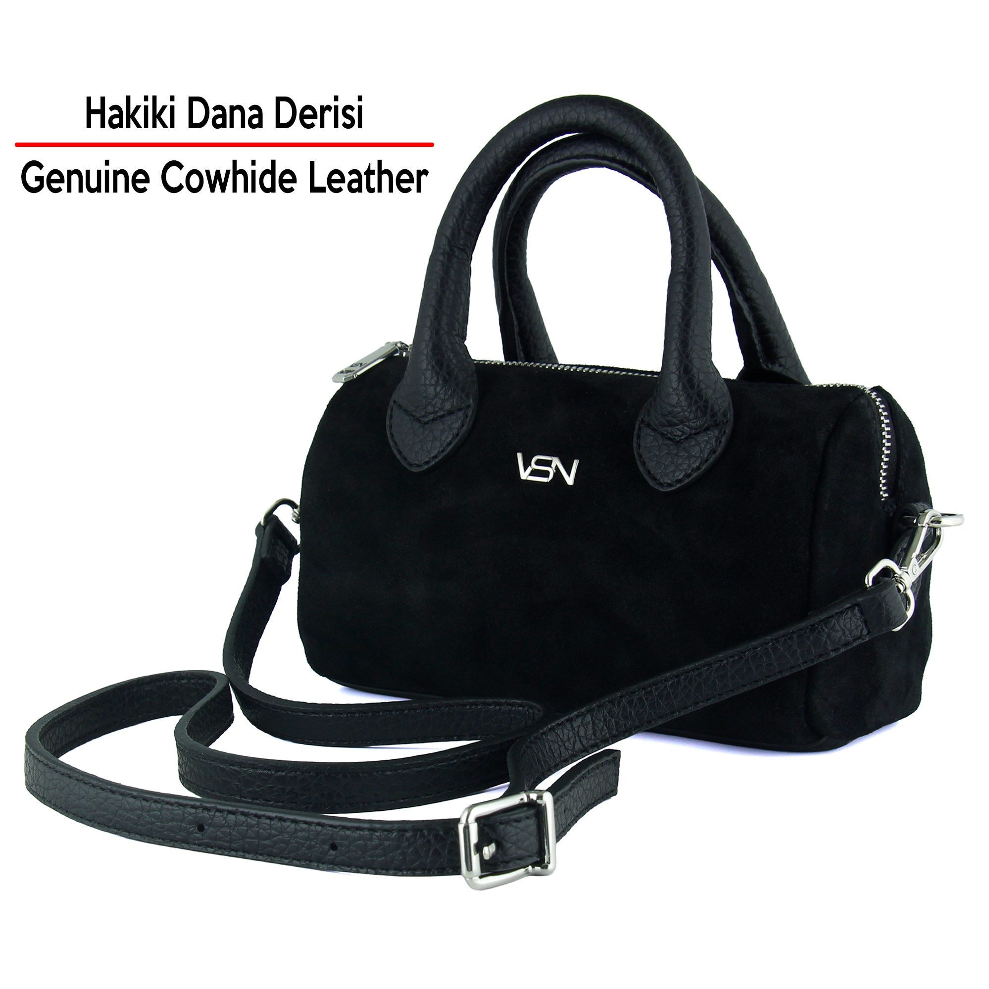 (VSN5019OC) Siyah Hakiki Dana Süet Fermuarlı Askılı İç Cepli Küçük Boy Günlük Omuz Çantası