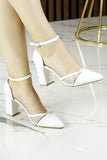 Molly Beyaz Vegan Sivri Burun Taşlı Fileli Kalın Topuklu Abiye Gelin Ayakkabısı