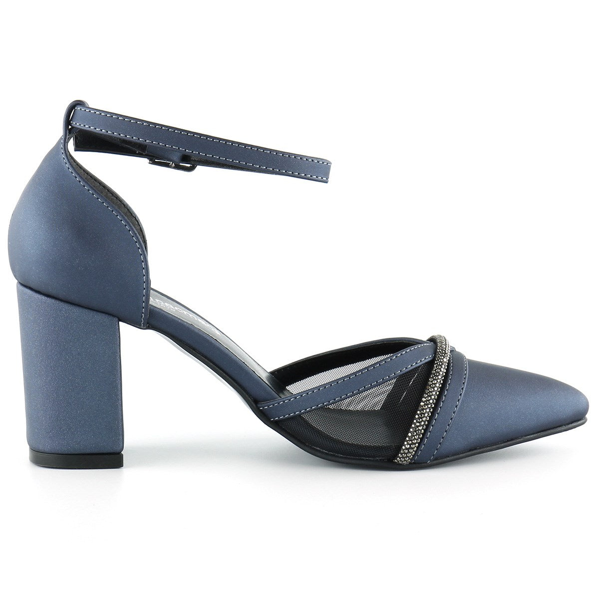 Molly Lacivert Saten Taşlı Fileli Kalın Topuklu Ayakkabı