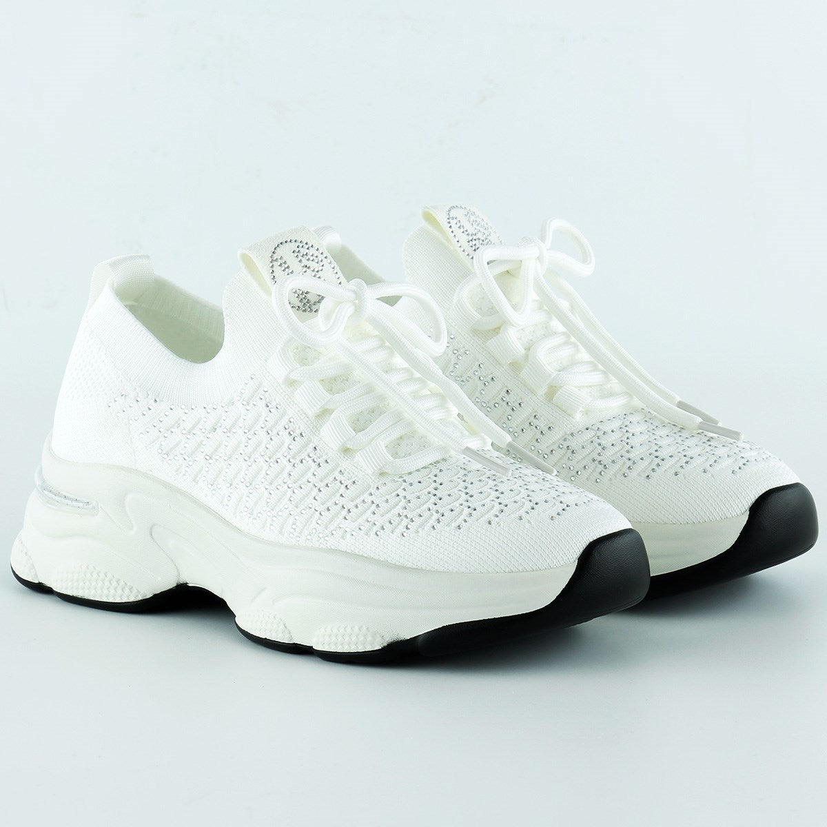 [5031] Beyaz Örgü Dokuma Taş Detaylı Bağcıklı Slip-on Sneaker