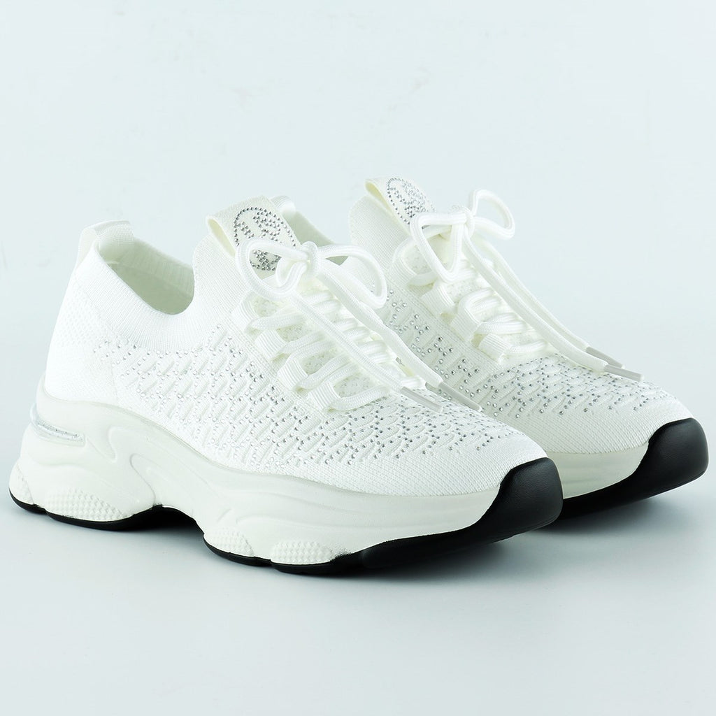 [5031] Beyaz Örgü Dokuma Taş Detaylı Bağcıklı Slip-on Sneaker