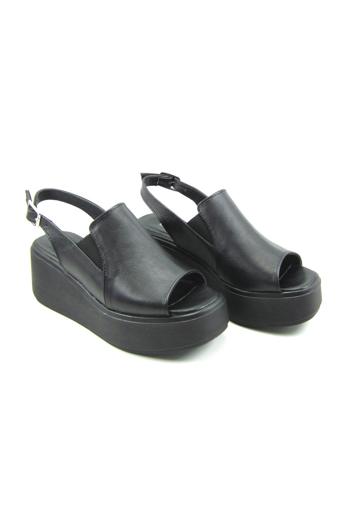 Aliyah Siyah Hakiki Deri Dolgu Topuklu Sandalet