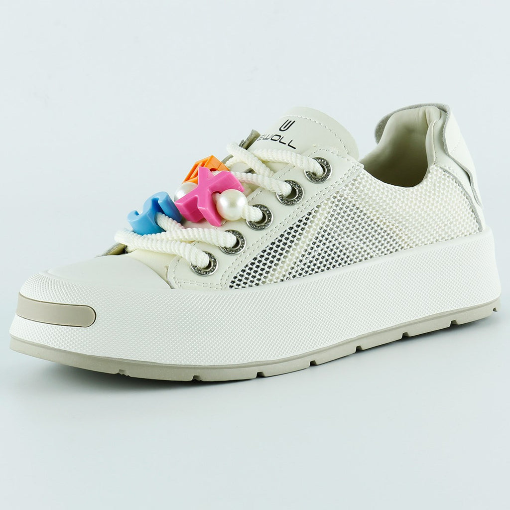 [5020] Bej Yüksek Taban Spor Fileli Harf Detaylı İncili Bağcıklı Platform Sneaker