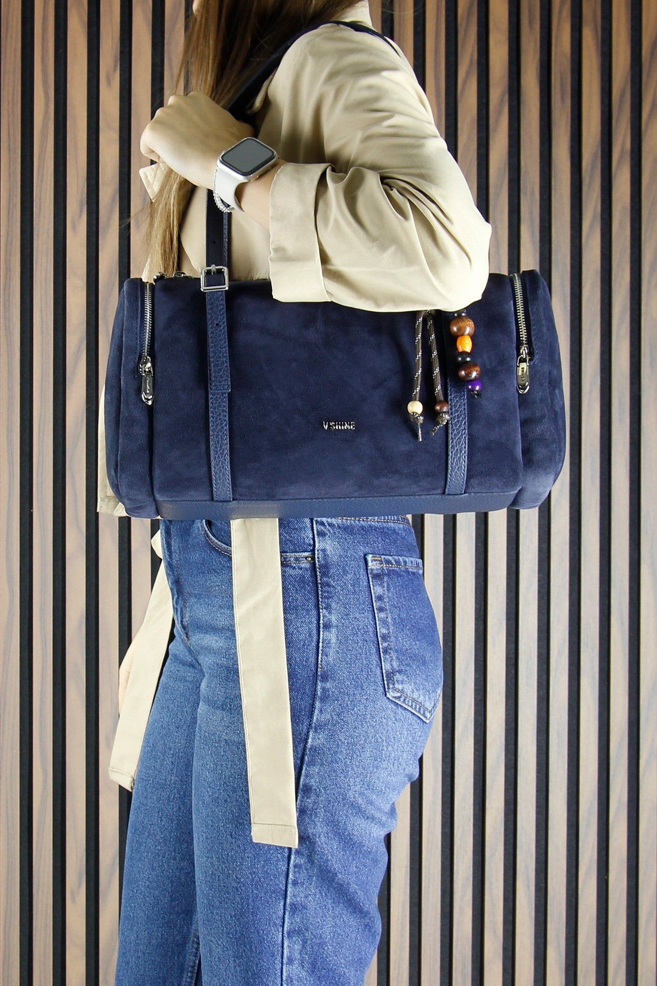 (VSN5020OC) Lacivert Hakiki Dana Süet Fermuarlı Üç Bölmeli Boncuk Aksesuarlı Günlük Büyük Boy Omuz Çantası