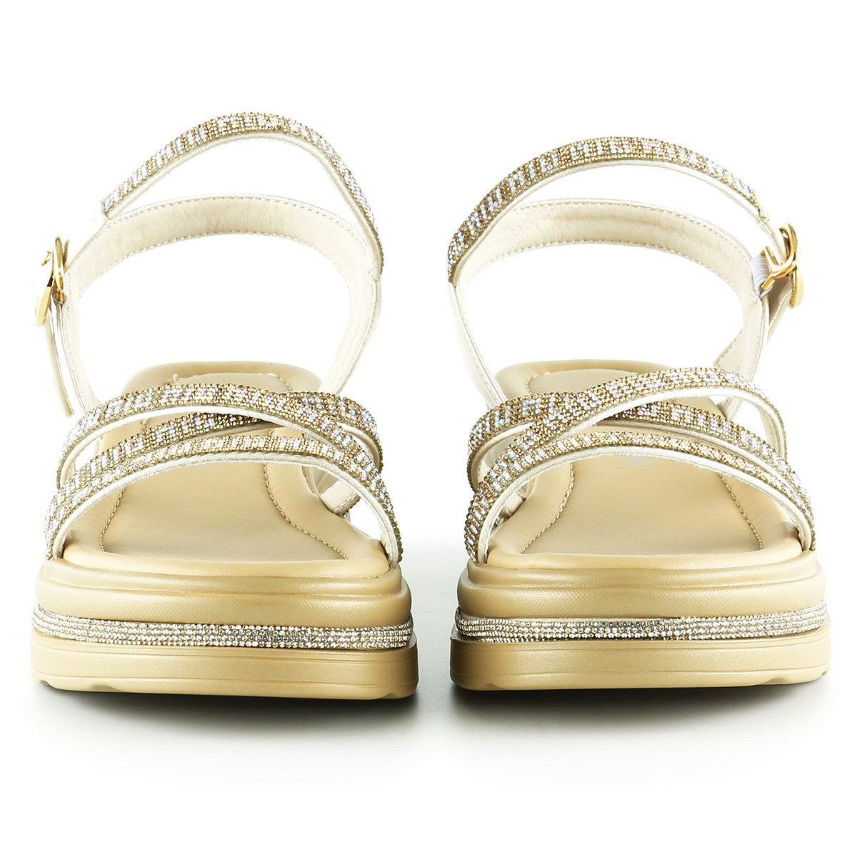 [7026] Bej Saten Altın Kristal Taşlı Platform Sandalet
