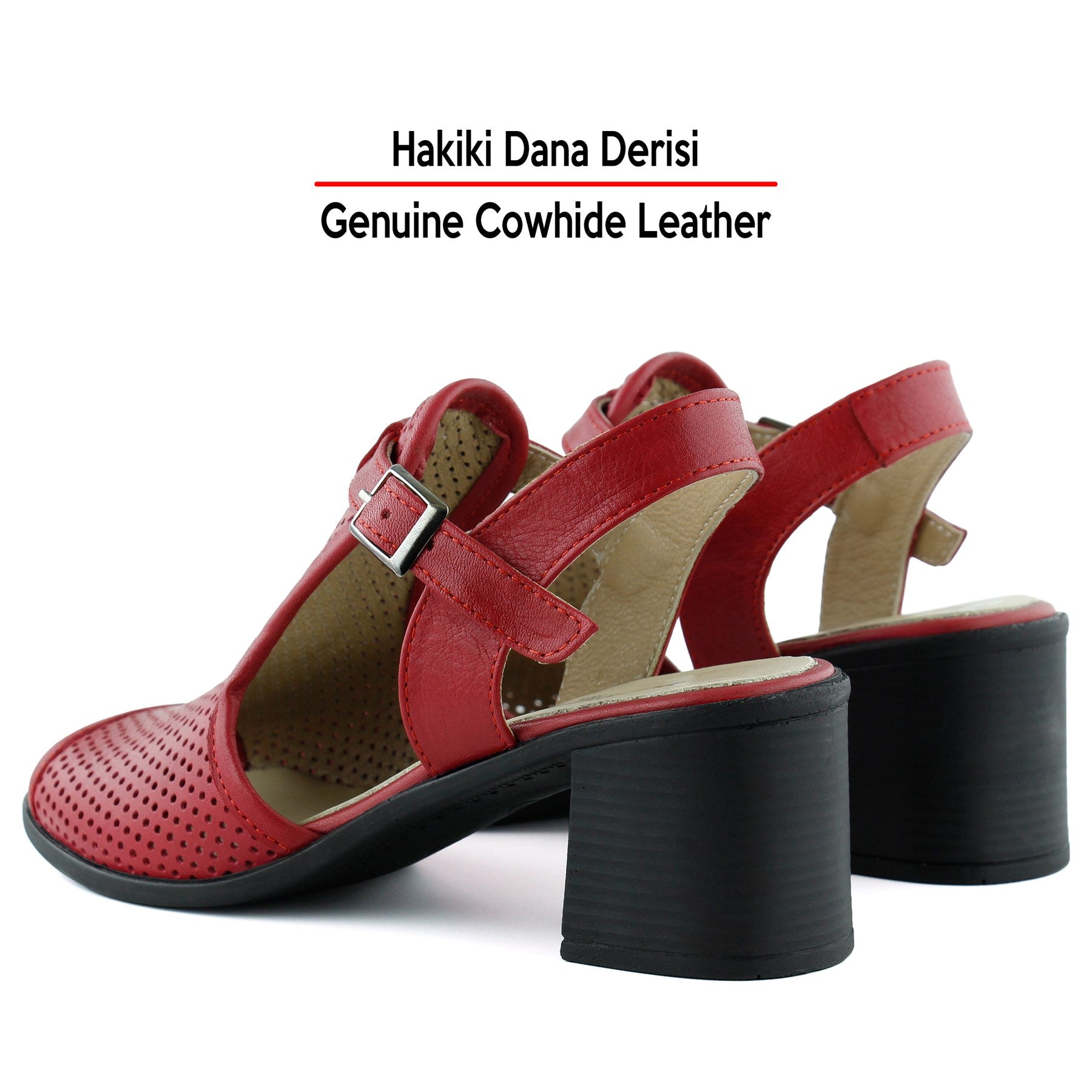 Elena Kırmızı Hakiki Dana Derisi Önü Arkası Açık Delik Detaylı Kalın Topuklu Rahat Günlük Sandalet