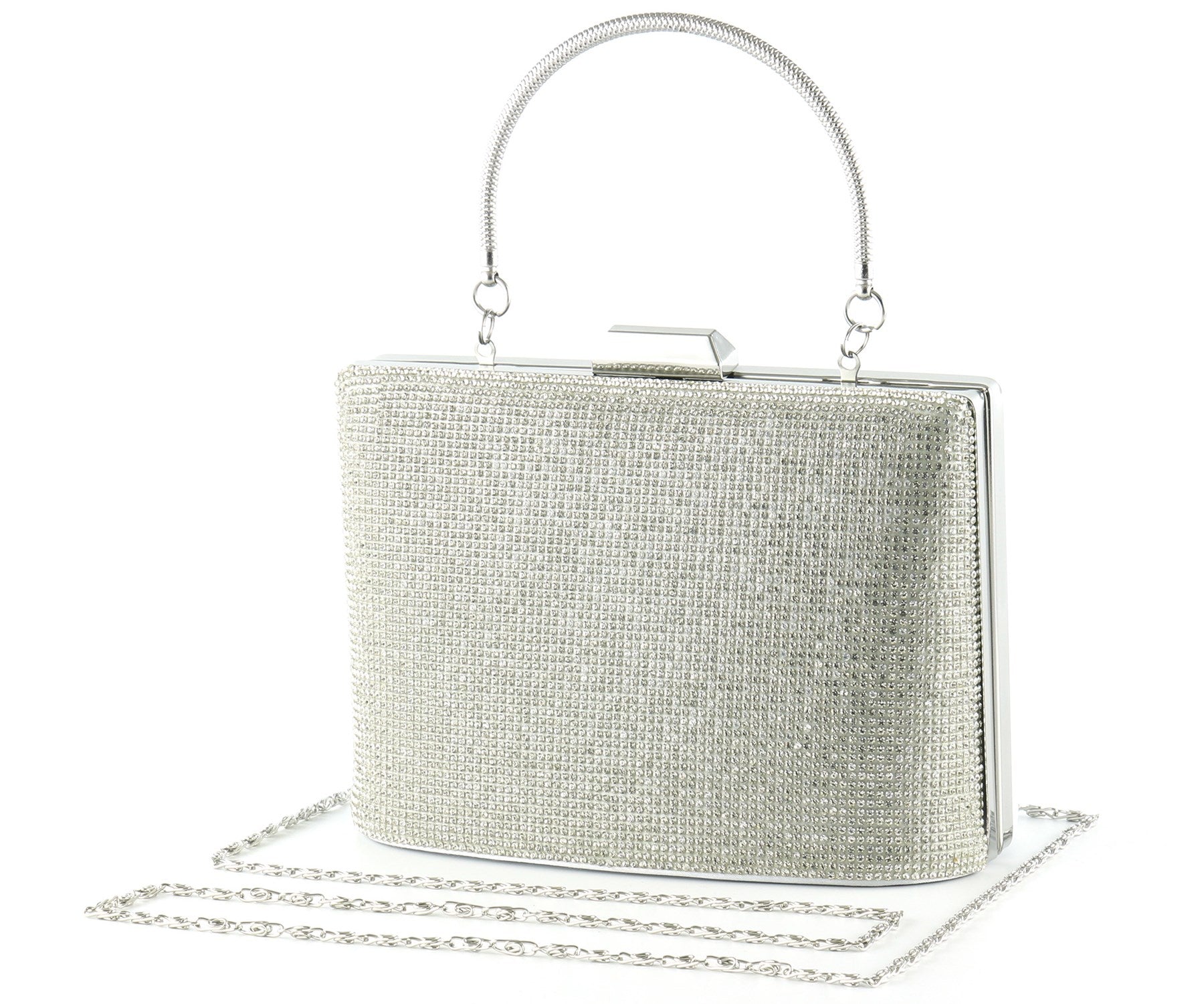 Gümüş Saten Kristal Taşlı Metal Saplı Zincir Askılı Abiye Çanta ( ES0011AC )