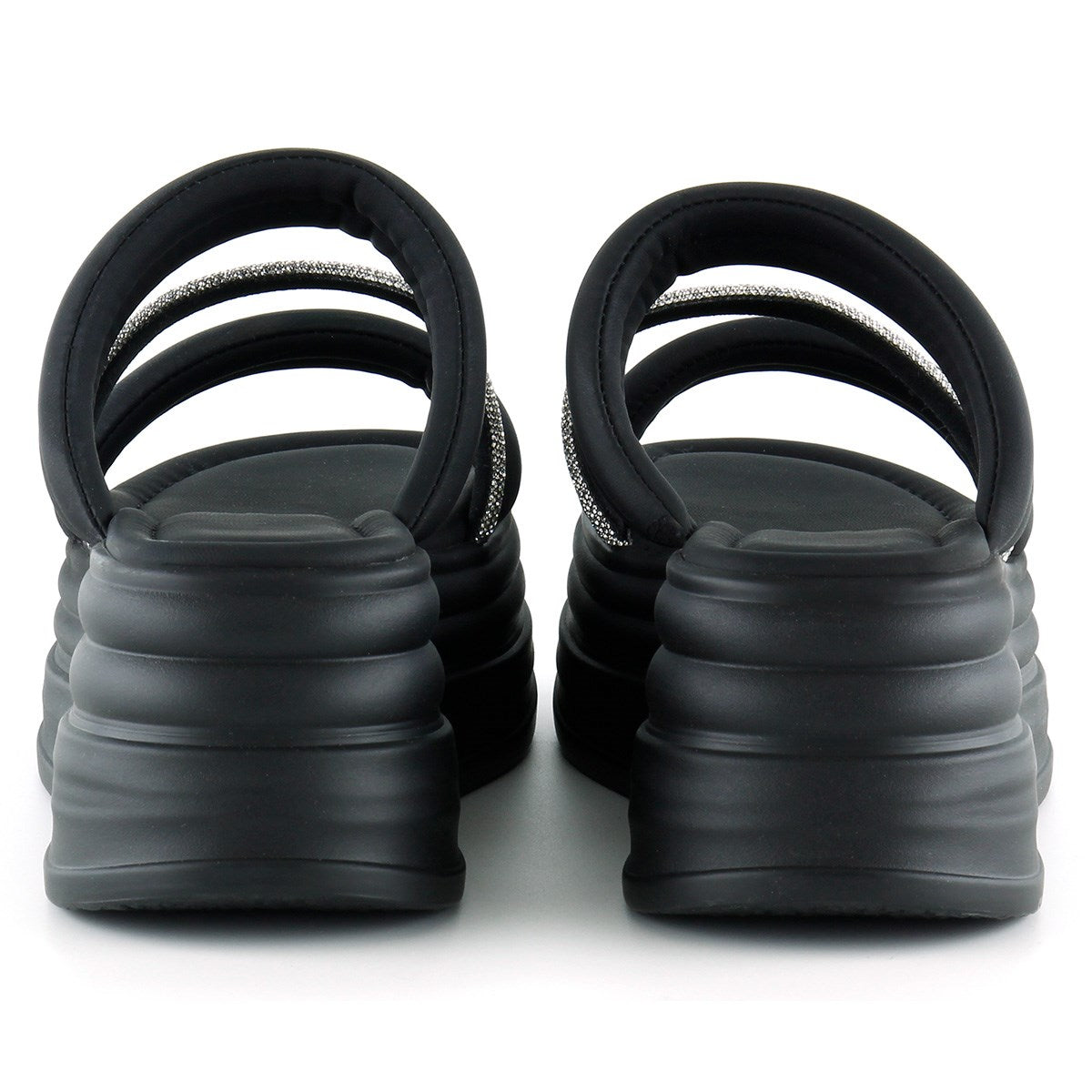 [7028] Siyah Dolgu Taban Gümüş Taşlı Bantlı Platform Terlik