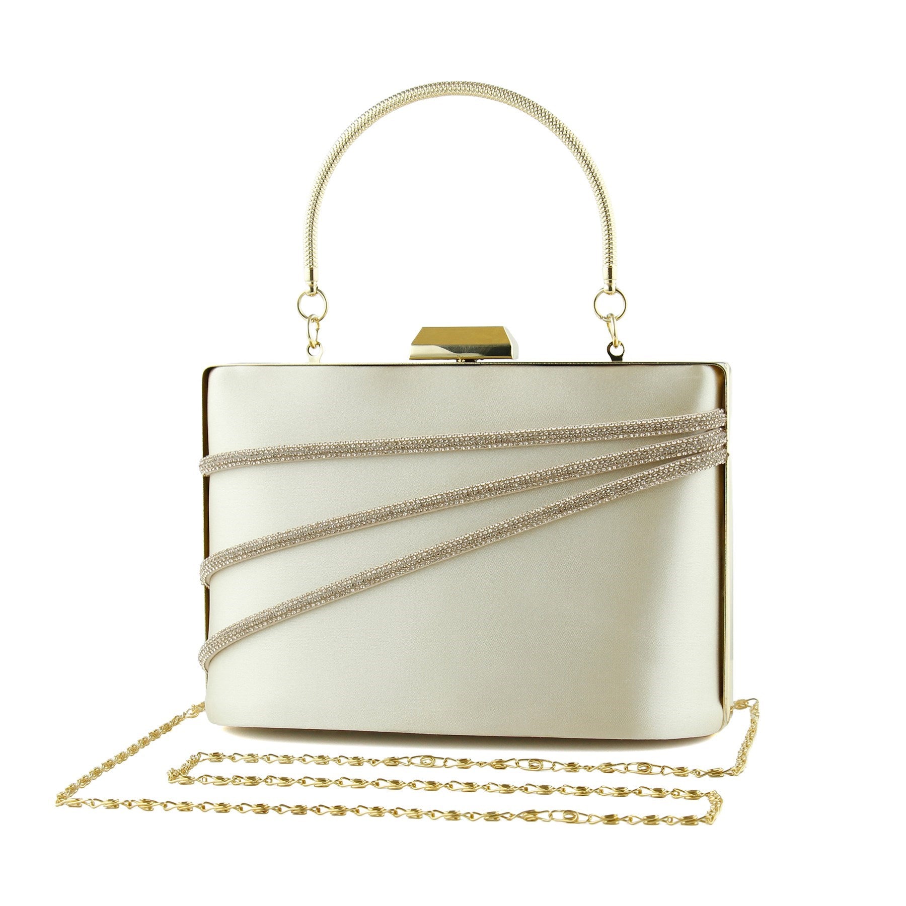 (ES0016AC) Ten Saten Taşlı Altın Metal Saplı Zincir Askılı Abiye Çanta