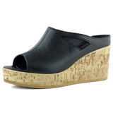 Drusilla Siyah Hakiki Deri Önü Açık Kesik Detaylı Mantar Taban Görünümlü Dolgu Topuklu Terlik