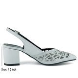 Estelle Gümüş Saten Taşlı Fileli Sivri Burun Kalın Topuklu Arkası Açık Abiye Ayakkabı