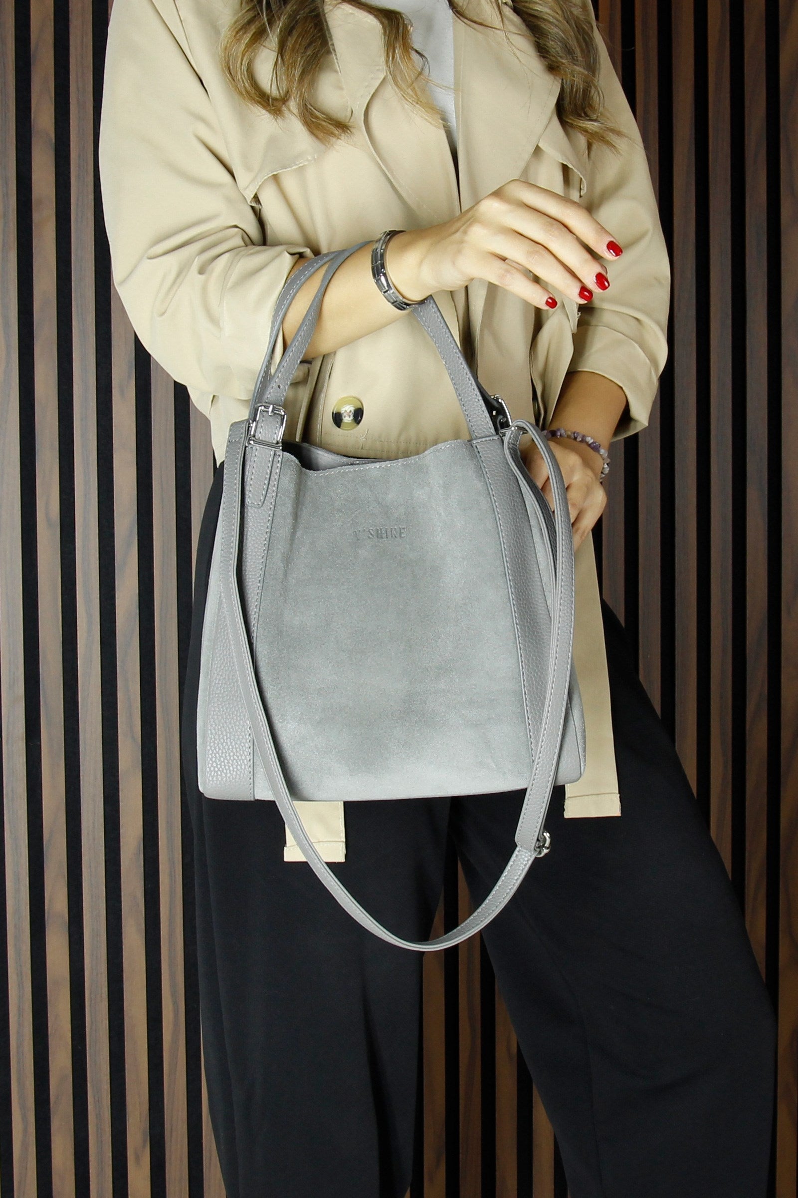 (VSN5012OC) Gri Hakiki Dana Süet Manyetik Kapaklı Büyük Boy Günlük Omuz Çantası ve Askılı El Çantası