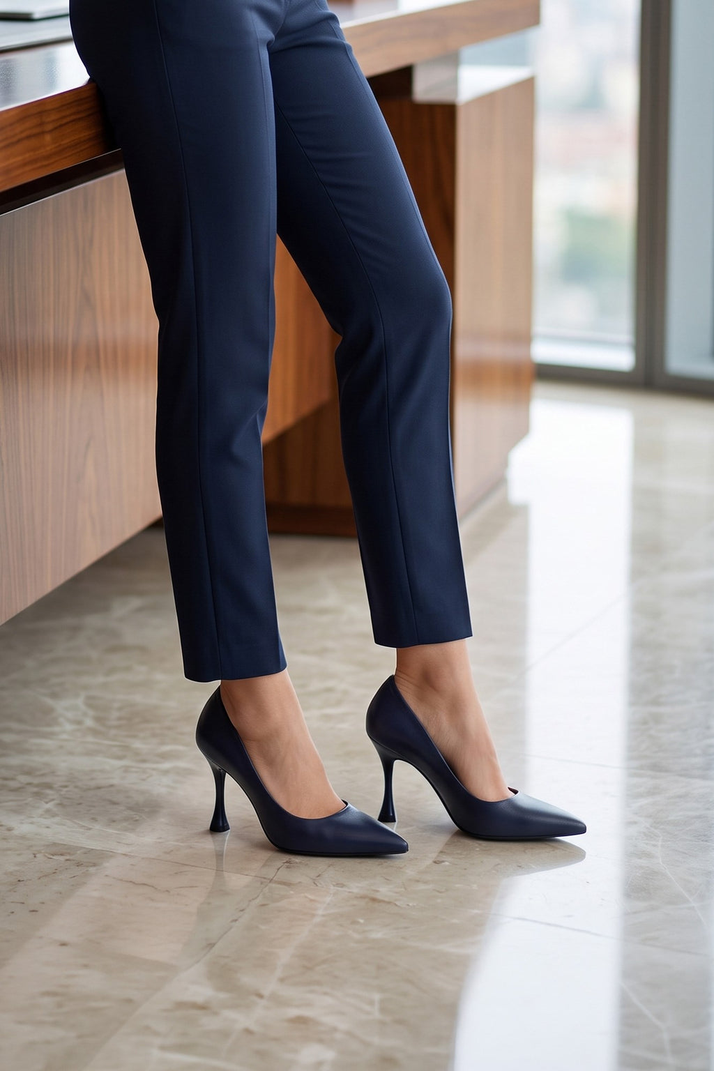Suzanna Lacivert Hakiki Dana Derisi Sivri Burun Klasik İnce Topuklu Stiletto Ayakkabı