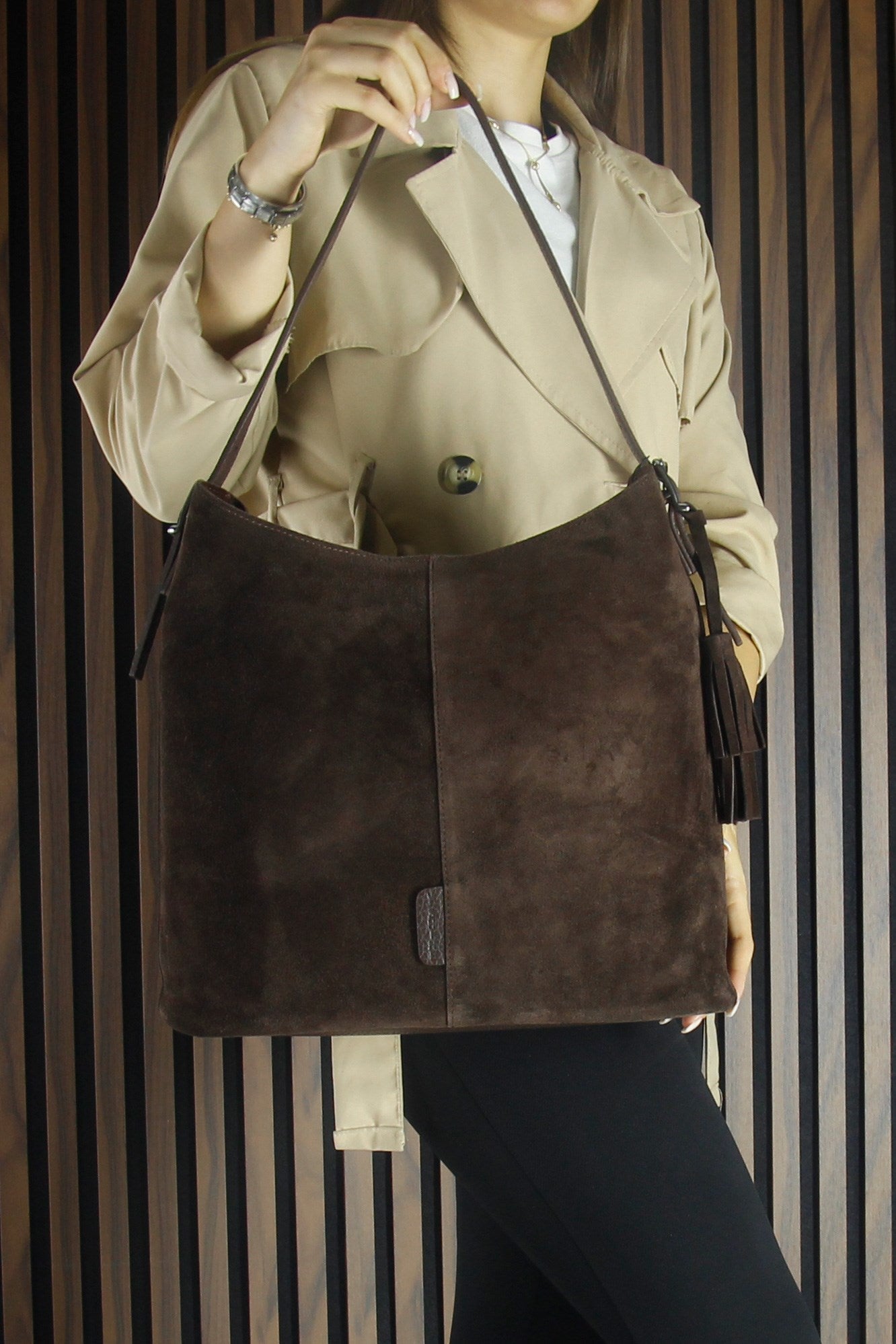 (VSN5016OC) Kahve Hakiki Dana Süet Püsküllü Manyetik Kapaklı Büyük Boy Günlük Omuz Çantası ve El Çantası