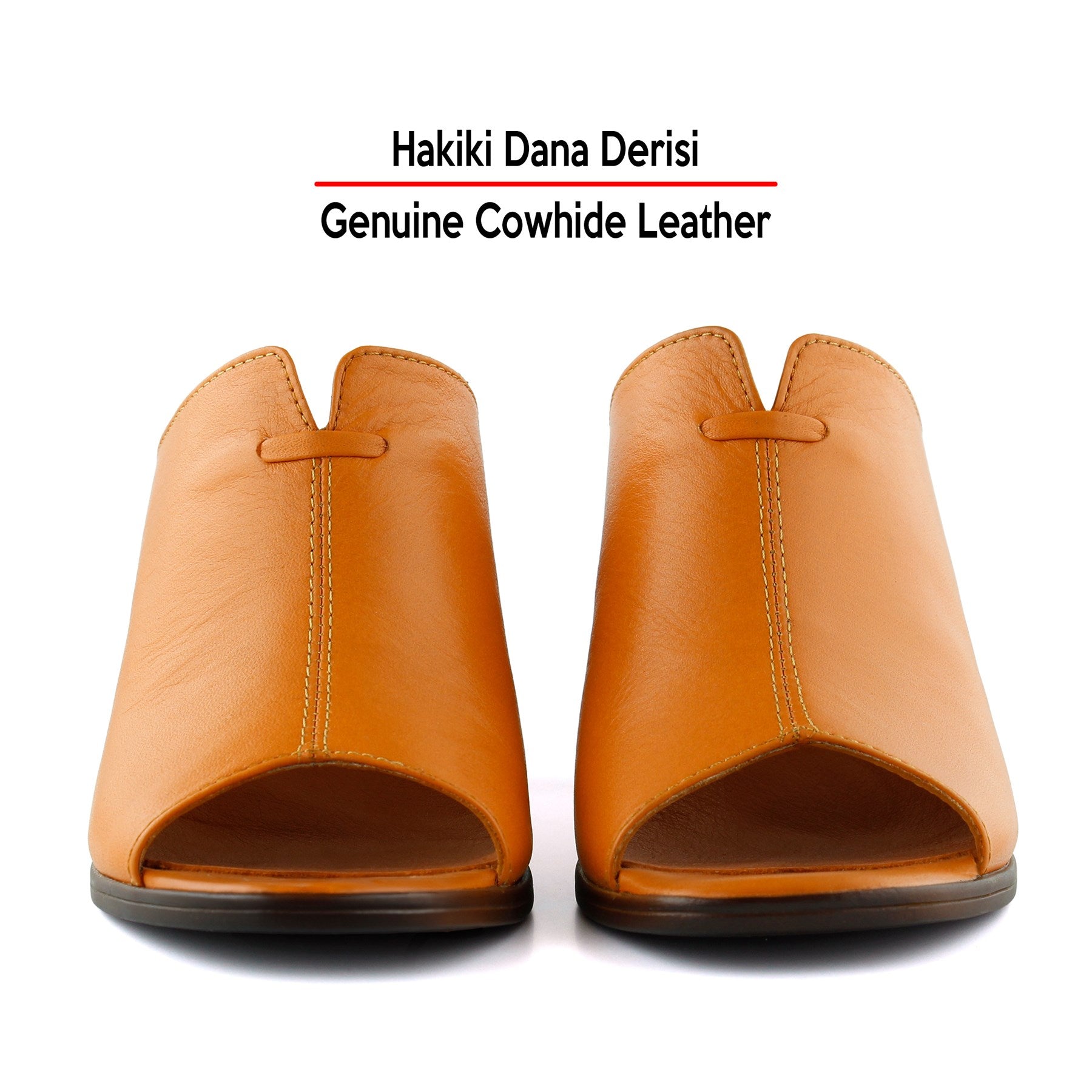 Valery Turuncu Hakiki Dana Derisi Önü Açık Kalın Topuklu Terlik