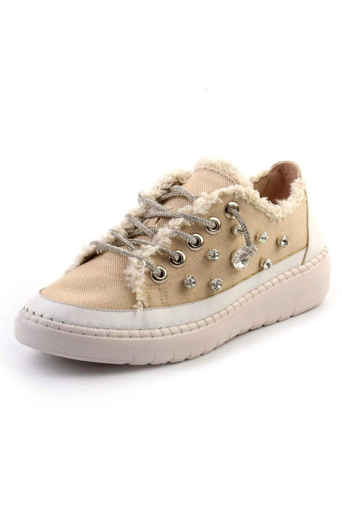 Valentina Bej Denim Kristal Taşlı Gümüş Bağcıklı Sneaker