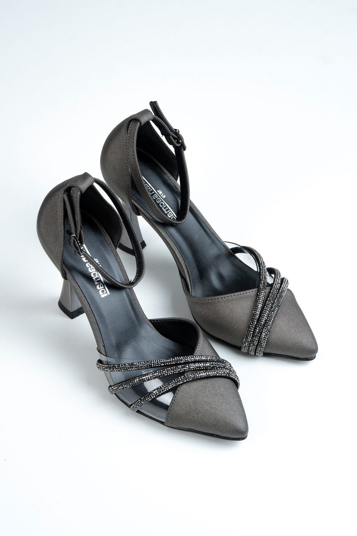 Çağla Antrasit Saten Taşlı Şeffaf Tasarımlı Ayakkabı