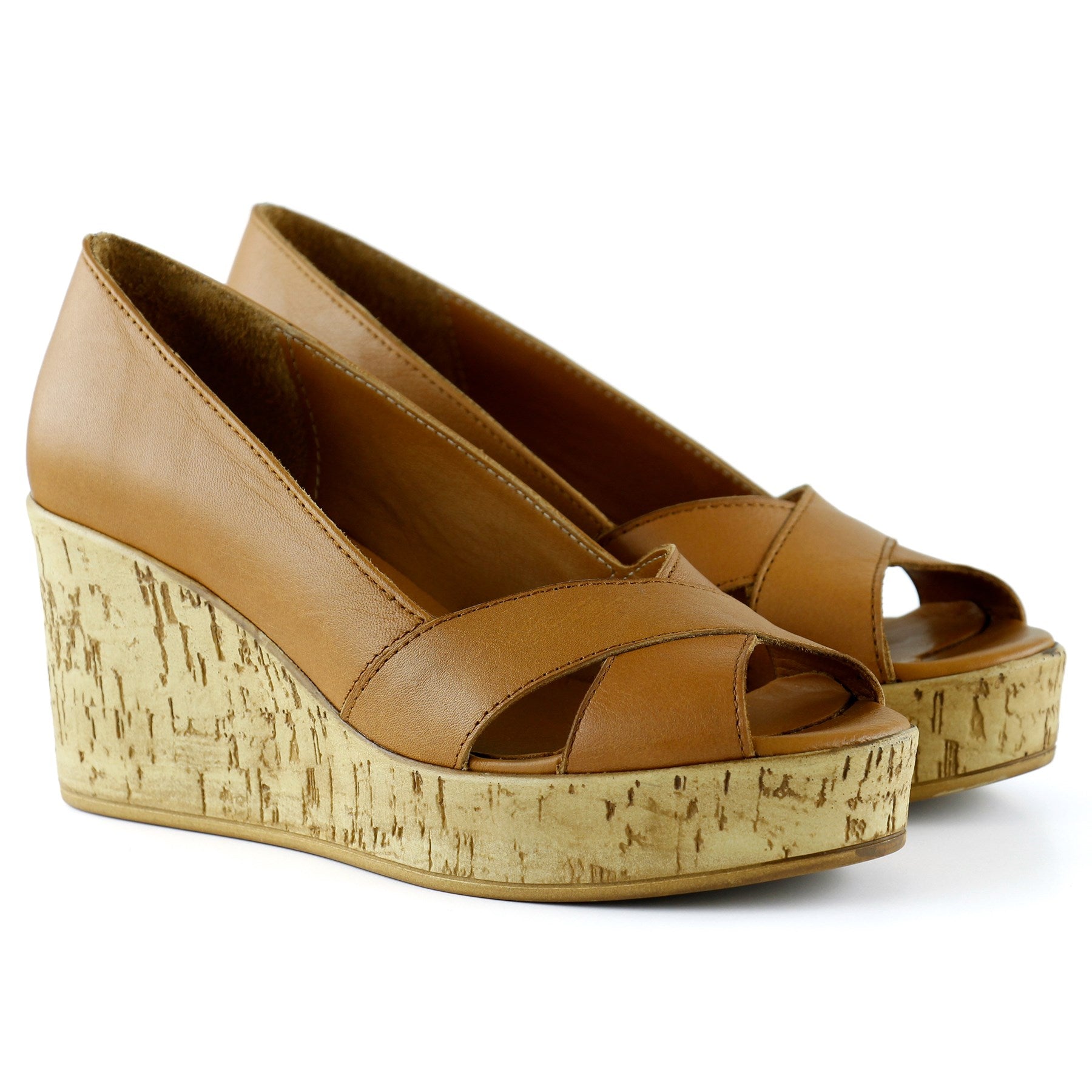 Astrid Taba Hakiki Deri Çapraz Bantlı Mantar Taban Görünümlü Dolgu Topuklu Sandalet