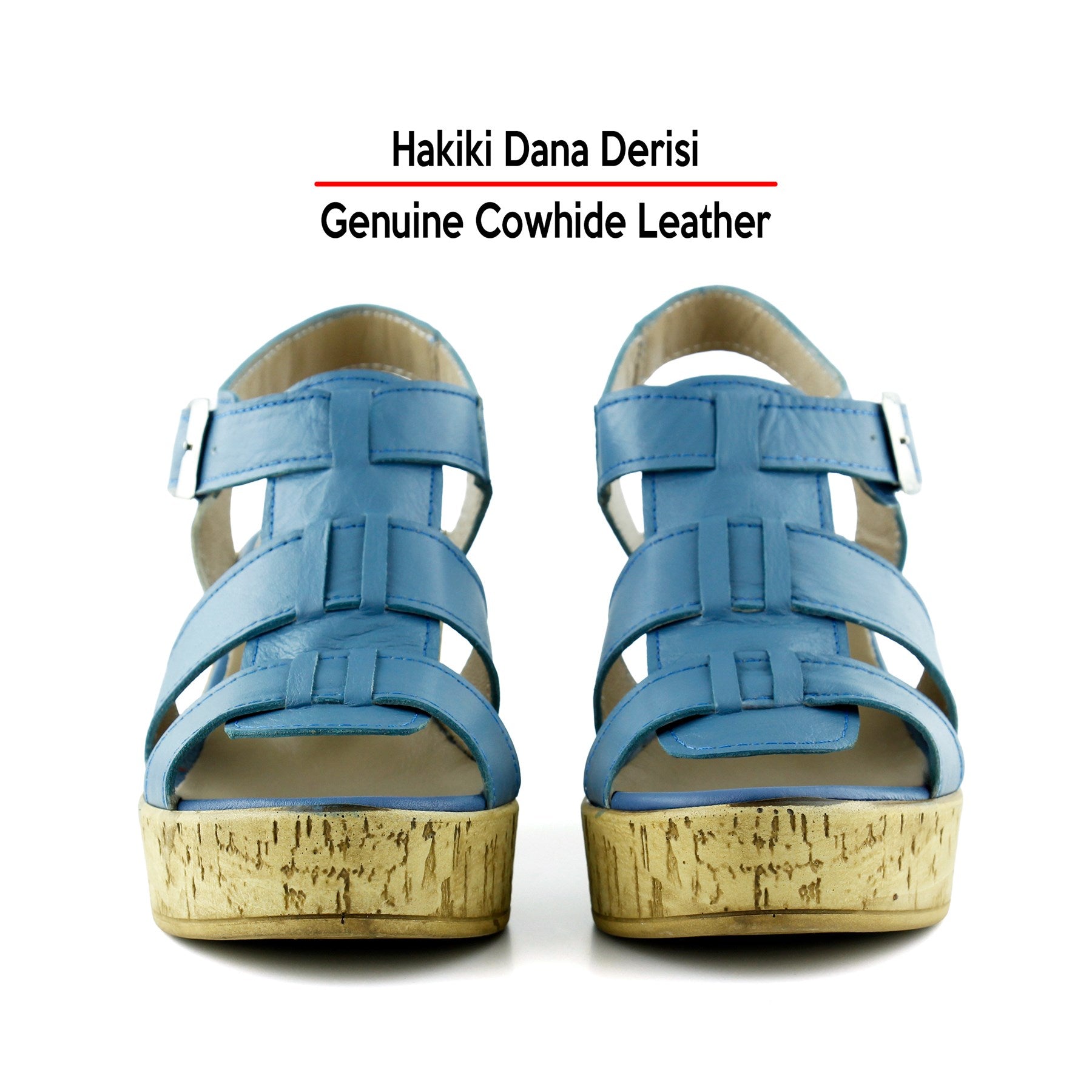 Xena Mavi Hakiki Dana Derisi Mantar Taban Görünümlü Dolgu Topuklu Gladyatör Sandalet