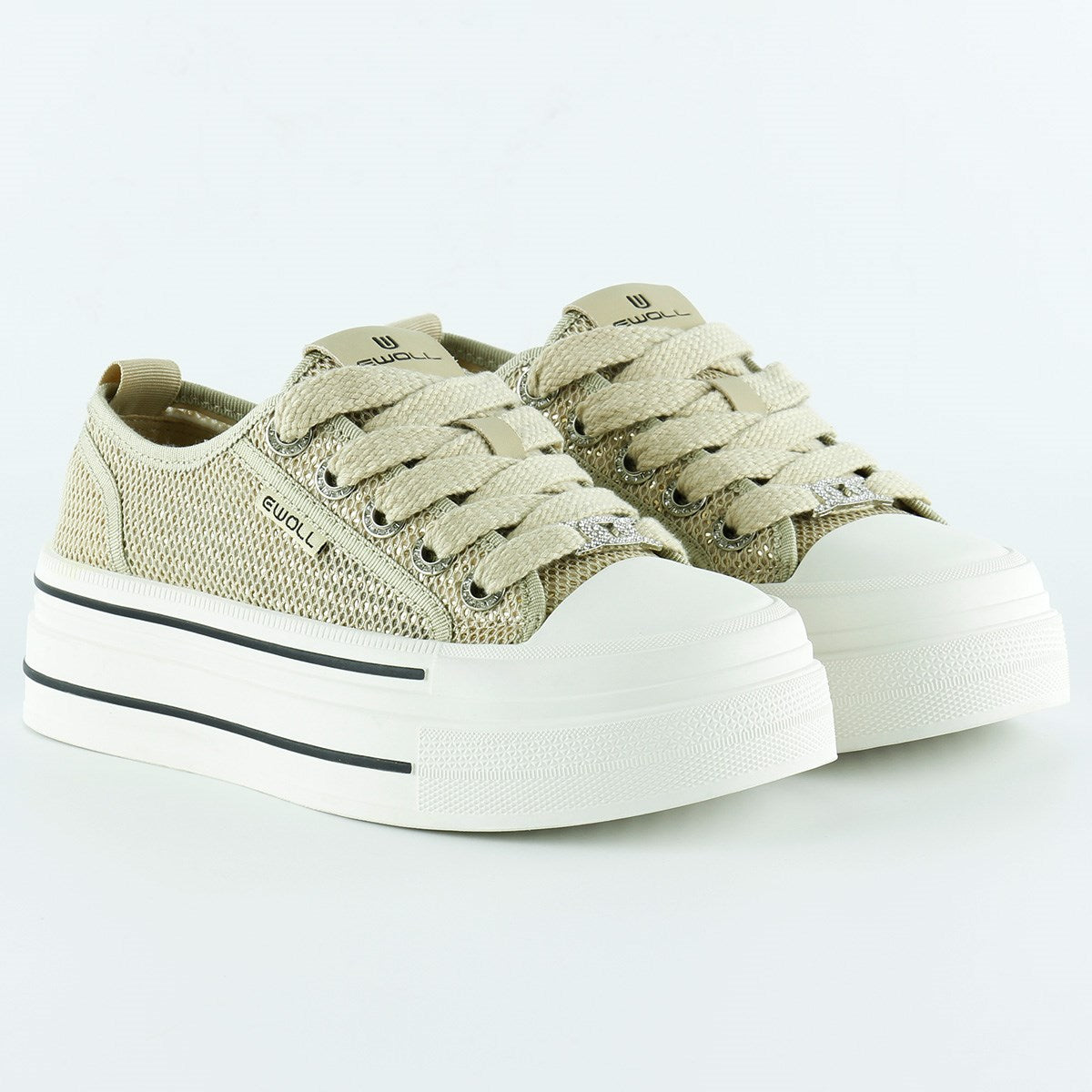 [5025] Bej Yüksek Taban Spor Fileli Taşlı Bağcıklı Platform Sneaker