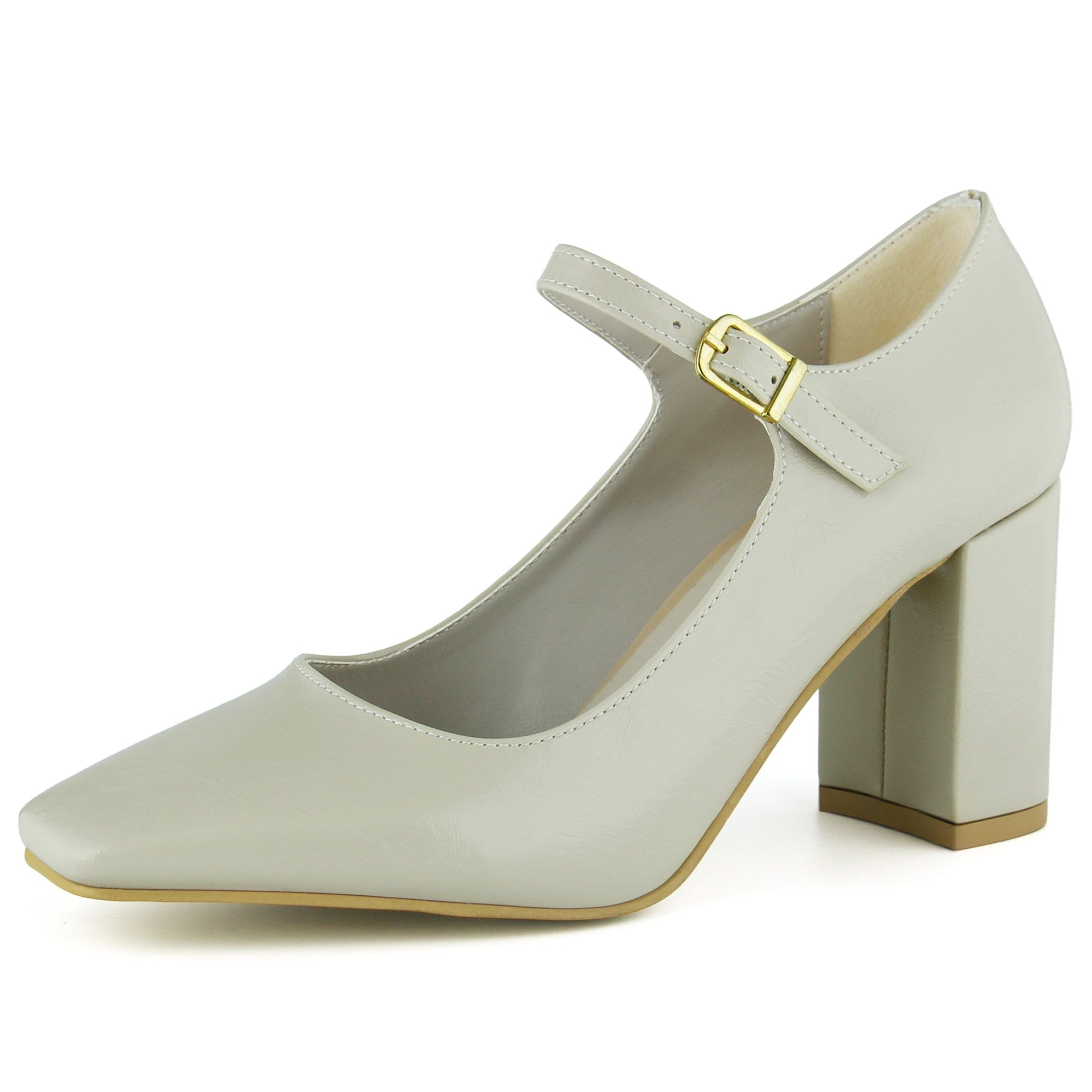 Mary Jane Bej Rugan Kare Burun Bantlı Kalın Topuklu Klasik Ayakkabı