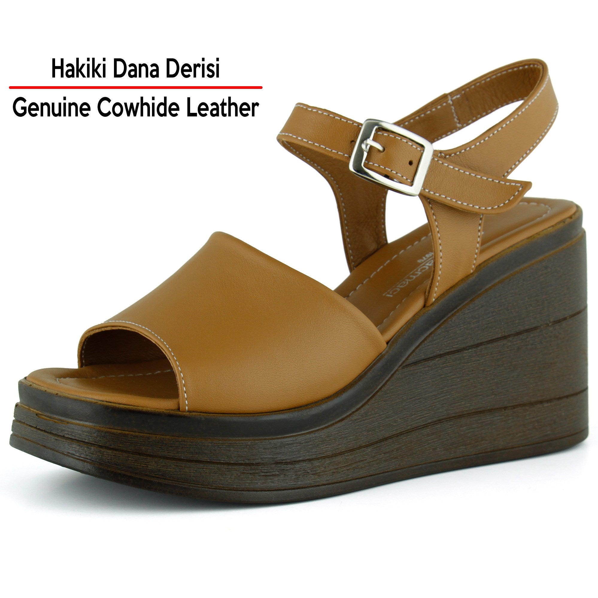 Artemis Taba Hakiki Dana Derisi Lastik Tokalı Dolgu Topuklu Sandalet