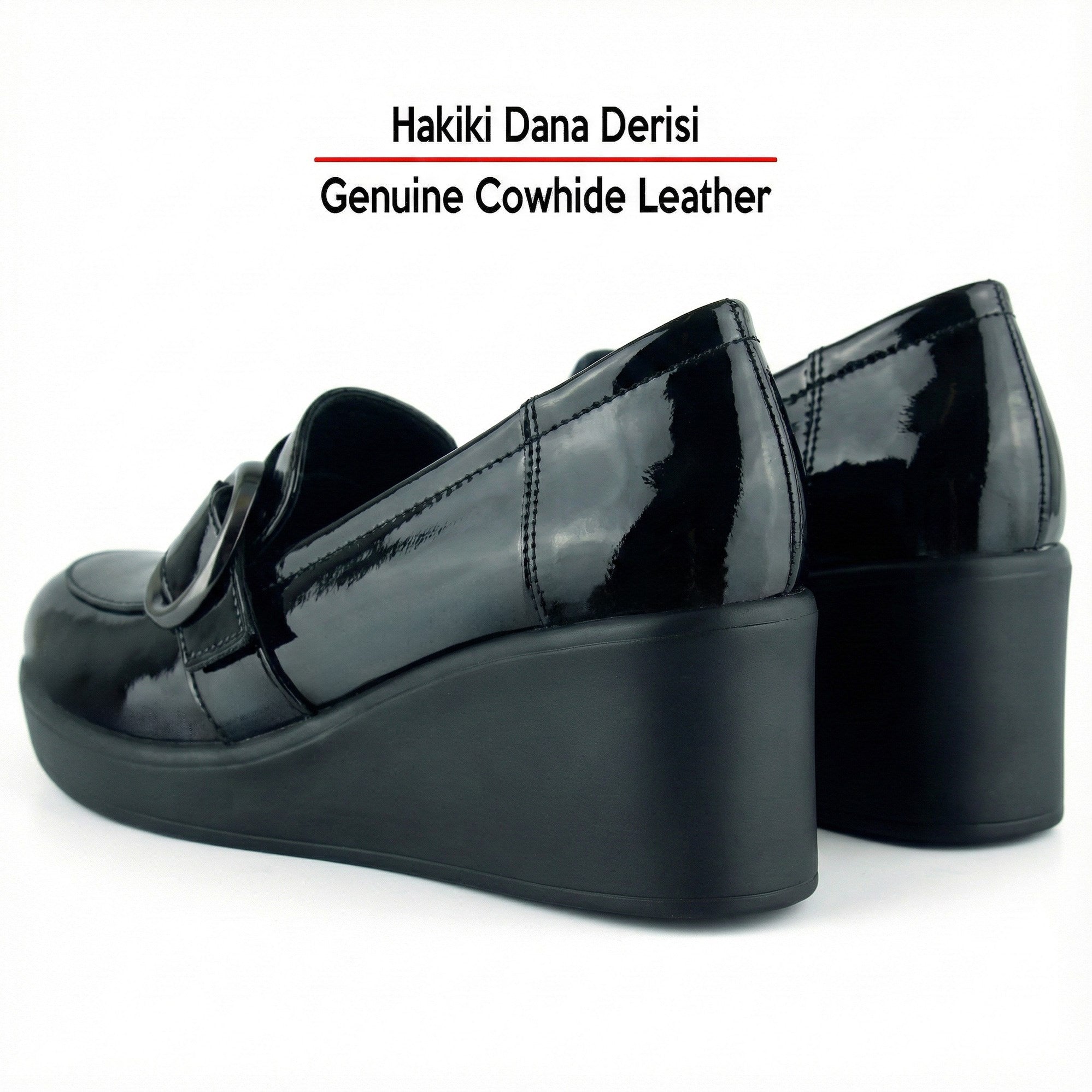 Madeline Siyah Rugan Hakiki Dana Derisi Tokalı Yuvarlak Burun Dolgu Topuklu Günlük Ayakkabı