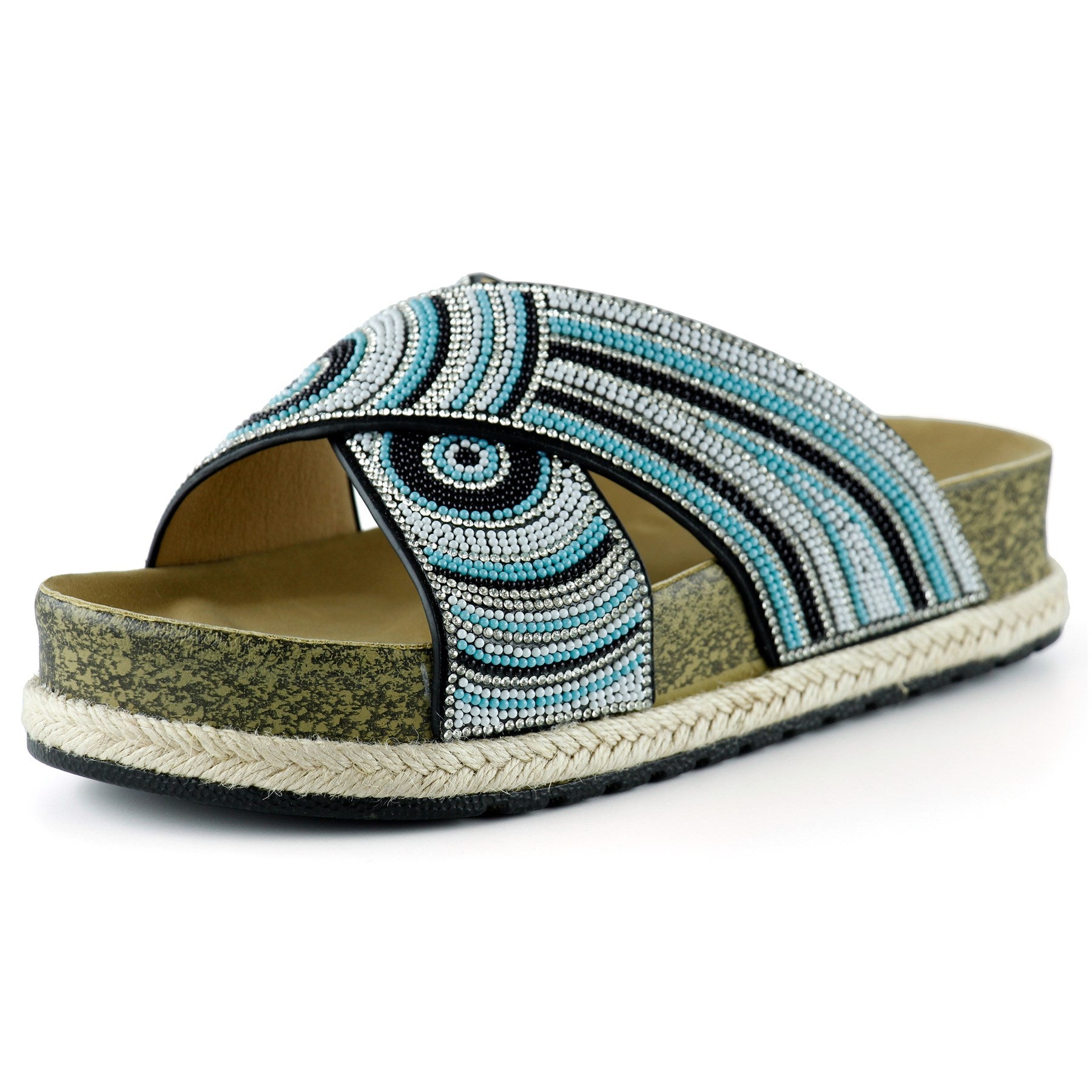 [7037] Siyah Turkuaz Boncuklu Çapraz Bantlı Kristal Taşlı Hasır Detaylı Mantar Taban Görünümlü Terli