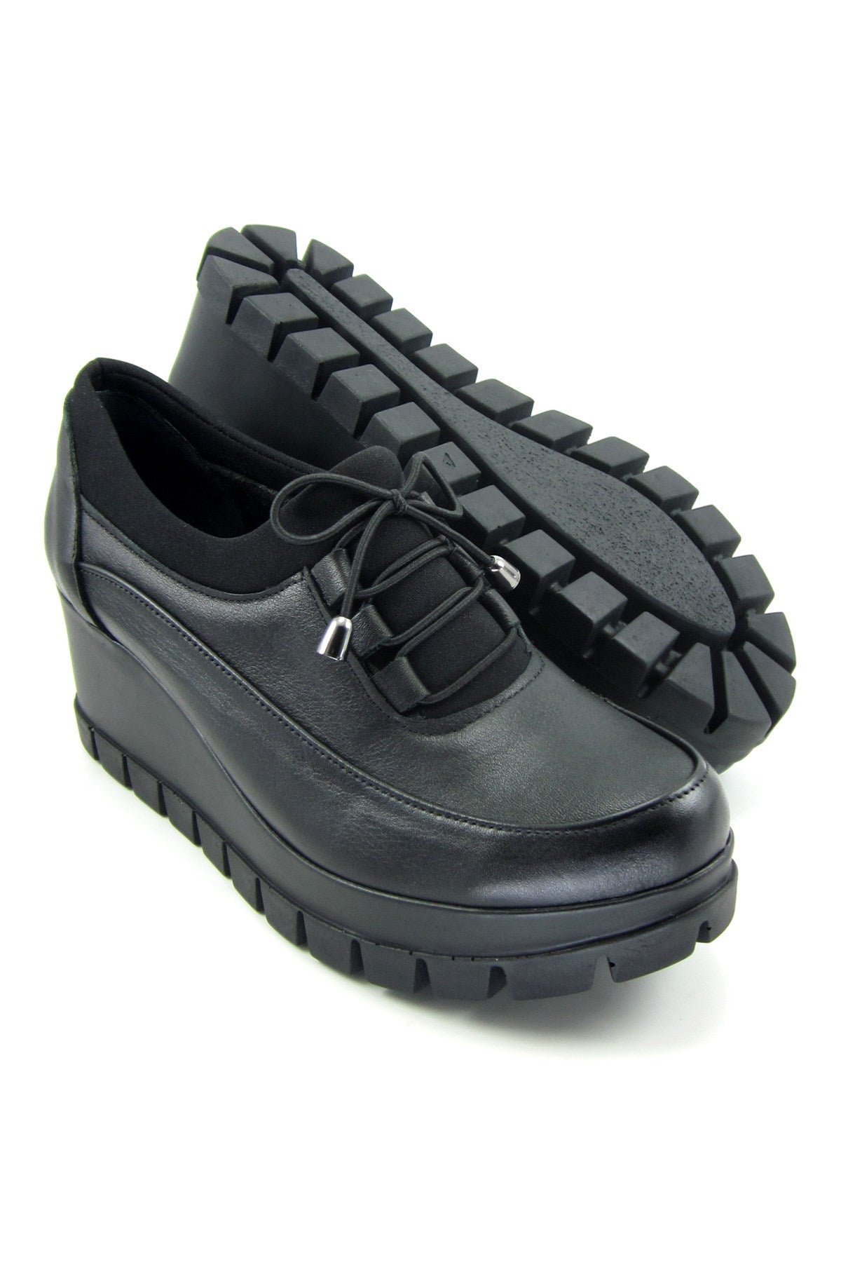 Olympia Siyah Hakiki Deri Dolgu Topuklu Günlük Ayakkabı