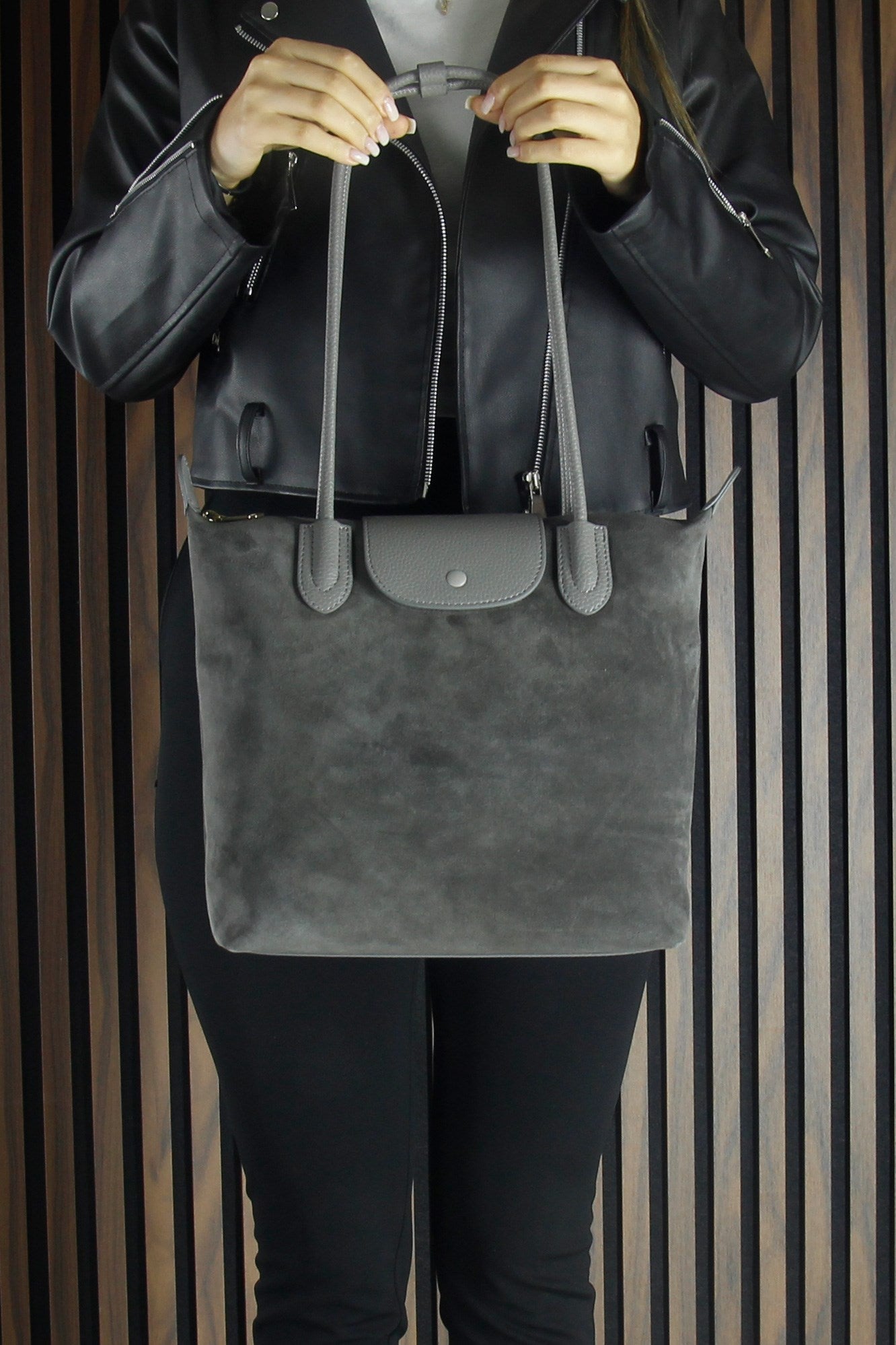 (VSN5017OC) Gri Hakiki Dana Süet Fermuarlı Manyetik Kapaklı Büyük Boy Günlük Omuz Çantası