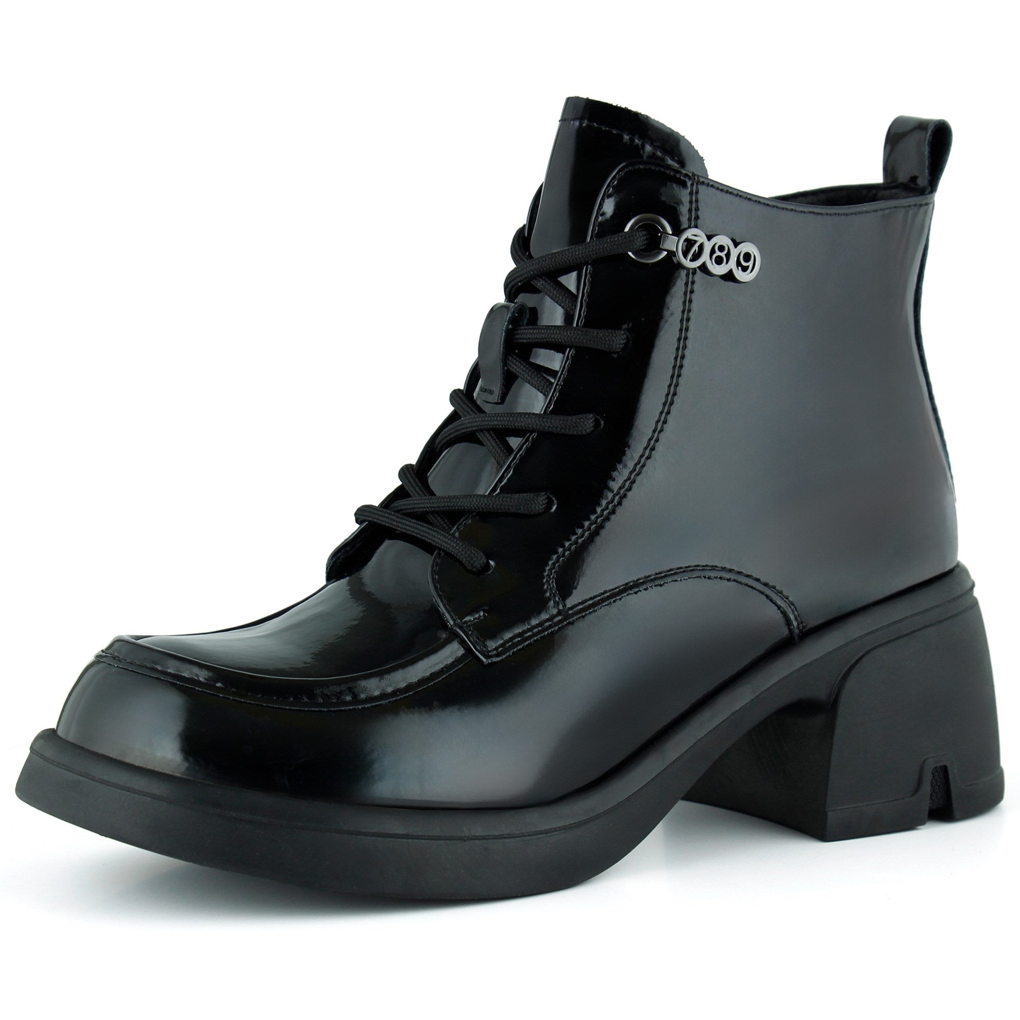 [8079] Siyah Rugan Bağcıklı Fermuarlı Kürk Astarlı Yuvarlak Burun Kalın Topuklu Günlük Bot