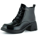 [8079] Siyah Rugan Bağcıklı Fermuarlı Kürk Astarlı Yuvarlak Burun Kalın Topuklu Günlük Bot