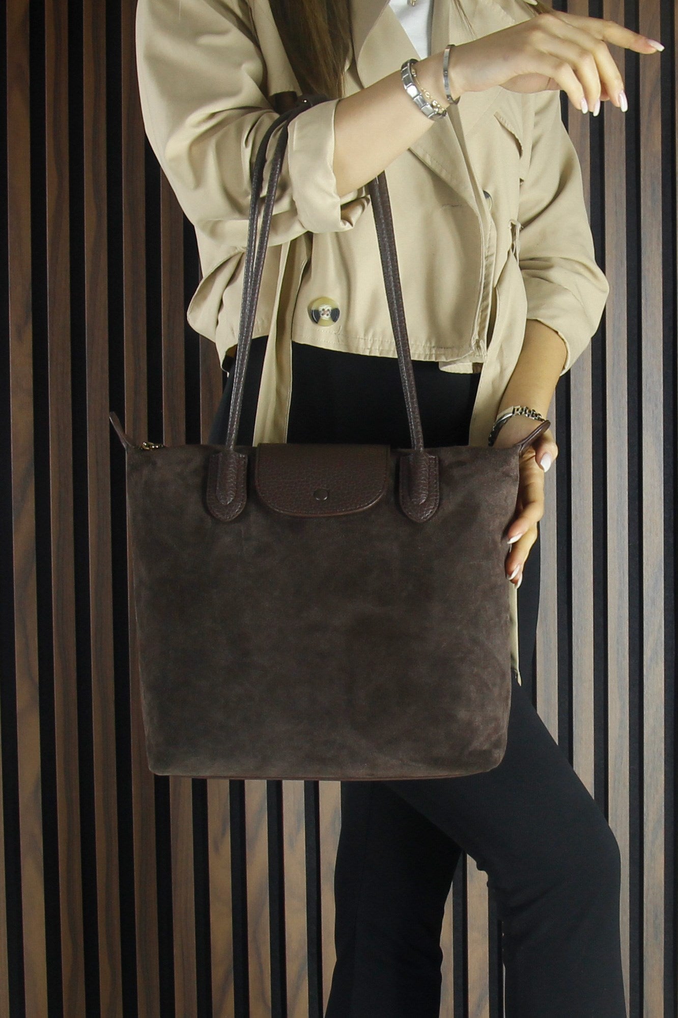 (VSN5017OC) Kahve Hakiki Dana Süet Fermuarlı Manyetik Kapaklı Büyük Boy Günlük Omuz Çantası