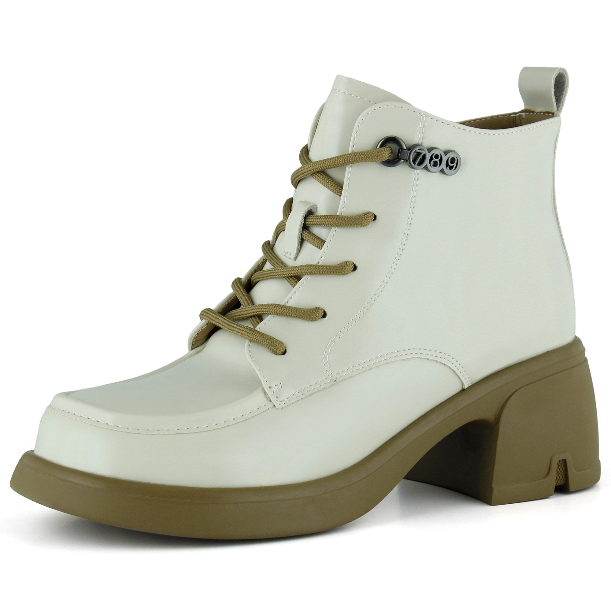 [8079] Bej Rugan Bağcıklı Fermuarlı Kürk Astarlı Yuvarlak Burun Kalın Topuklu Günlük Bot